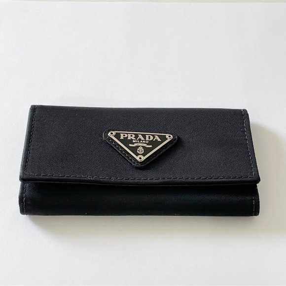 Prada black Tessuto nylon triangle logo saffiano leather key case - Picture 2 of 11
